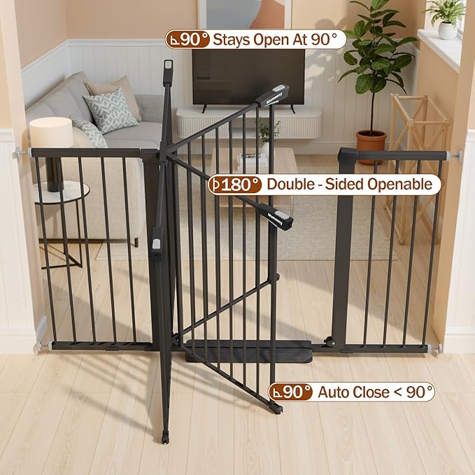 Mumeasy 29.7-57" Extra Wide Baby Gate, Auto Close Large Dog Gate for Doorways, No Drilling Pressure Mounted Pet Safety Gate for Stairs, Easy Walk Through Child Gate for Hallways, House, Indoor, Black