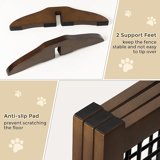Wire Dog Gate Solid Wood Frame, Anti-Chewing, 3-Panel, 36" Height, 60" Width, Indoor Freestanding Pet Gate Foldable Wooden Dog Fences for Stairs, House, Doorway, Walnut Color