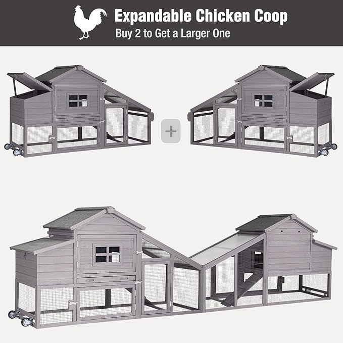 Chicken Coop with Wheels, Mobile Outdoor Chicken House with Leakproof Pull-on Tray, Nesting Box, Waterproof Roof - Grey