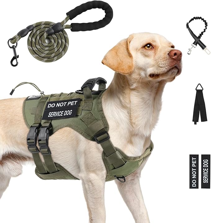 No Pull Tactical Dog Harness for Large Dogs, Escape Proof Molle Dog Vest Harness and Leash Set, Adjustable Military Service Dog Harness with Handle for Medium Large Dogs(Green, XL)