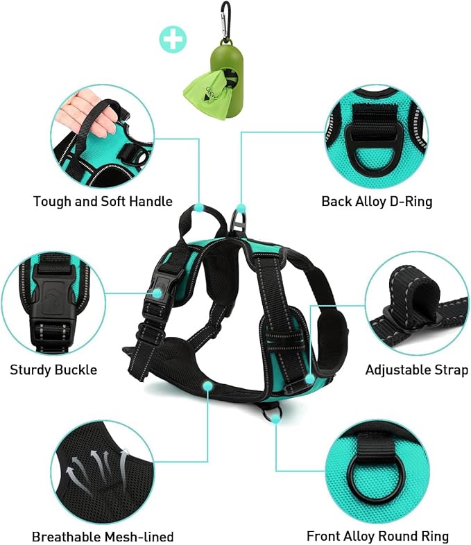 Joytale No Pull Dog Harness Medium Sized Dog, Reflective Pet Vest with Front Clip, Adjustable Soft Padded Harnesses with Easy Control Handle for Training and Walking, Teal, M