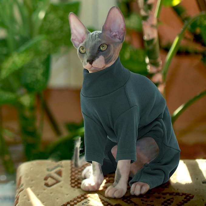 ROZKITCH Hairless Cat Clothes, Breathable Soft Jumpers for Cats Only, Full Cover Clothing with Four Legs, Warm Sweater T-Shirt Pajamas Jumpsuit Vest Cornish Rex Devon Rex Peterbald DarkGreen L