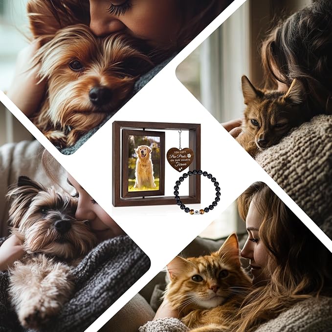 Dog Memorial Gifts for Loss of Dog Sets, 4x6”Rotating Wooden Photo Frame and 8MM Rainbow Bridge Bracelet for Beloved Cats and Dogs Pet Memorial Gifts for Dog Cat Dog Bereavement Gifts (Black)