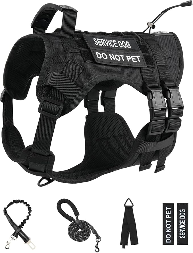 No Pull Tactical Dog Harness for Small Dogs, Escape Proof Molle Dog Vest Harness and Leash Set, Adjustable Military Service Dog Harness with Handle for Medium Large Dogs(Black, M)