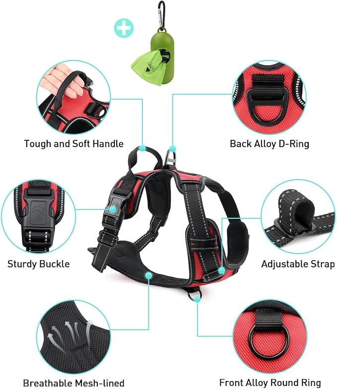 Joytale No Pull Dog Harness for Extra Large Dogs, Reflective Pet Vest with Front Clip, Adjustable Soft Padded Harnesses with Easy Control Handle for Training and Walking, Red, XL