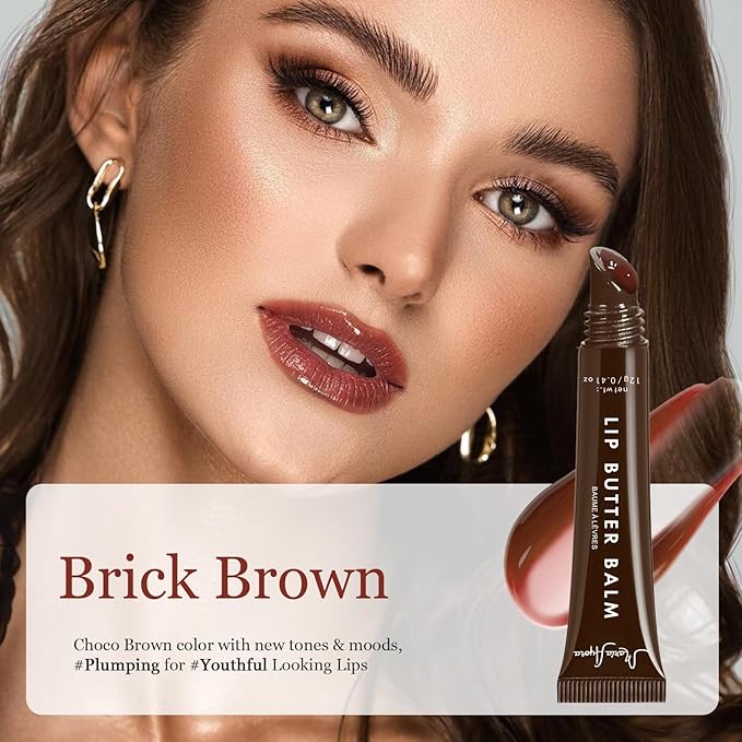 Deep Hydrating Lip Butter Balm - Hydrating Lip Treatment with Glossy Finish, Shea Butter, Vitamin E, Peptides & Hyaluronic Acid - Vegan, Non-Sticky, Lip Care - 2 Pack (Brick Brown-Unsented)