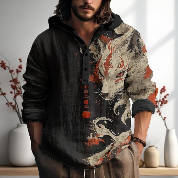 MARSVOVO Japanese Art Animal Hooded Shirt for Men Long Sleeve Quarter Button Lightweight Hoodie Cool Streetwear Tops