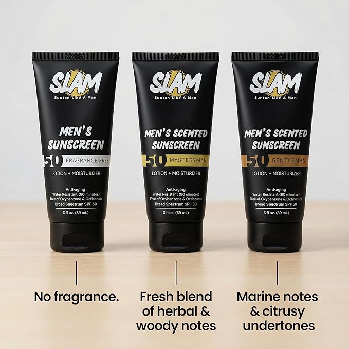 SLAM Men's Sunscreen Lotion SPF 50 & Moisturizer – Face & Body Sunblock, Anti-Aging, Water-Resistant, Hawaii Act 104 Safe, Skincare for Men, Scented & Unscented – 3 fl oz. each- Trio pack.