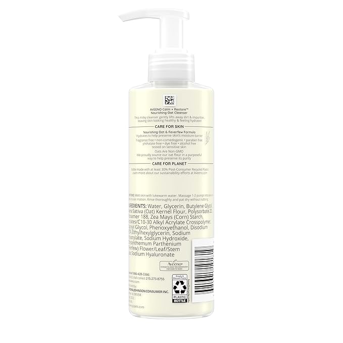Aveeno Calm + Restore Nourishing Oat Cleanser, Daily Hydrating Facial Cleanser & Face Wash for Sensitive Skin, Non-Foaming, Hypoallergenic, Non-Comedogenic, Fragrance-Free, with Feverfew, 7.8 fl oz