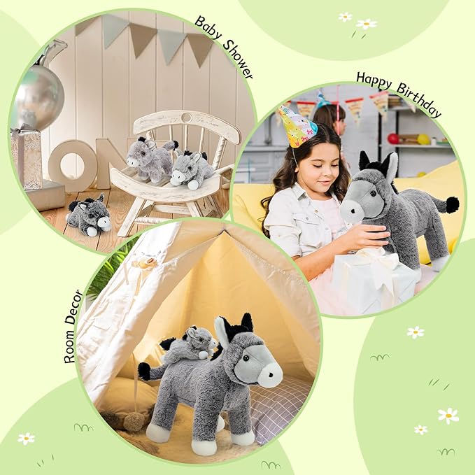 Large Donkey Stuffed Animal 20“ with 3 Baby Donkeys Inside | Unzip The Belly to Reveal Surprise Plush Toy | Mother & Babies Family Role Play Gift Set for Kids, Boys & Girls