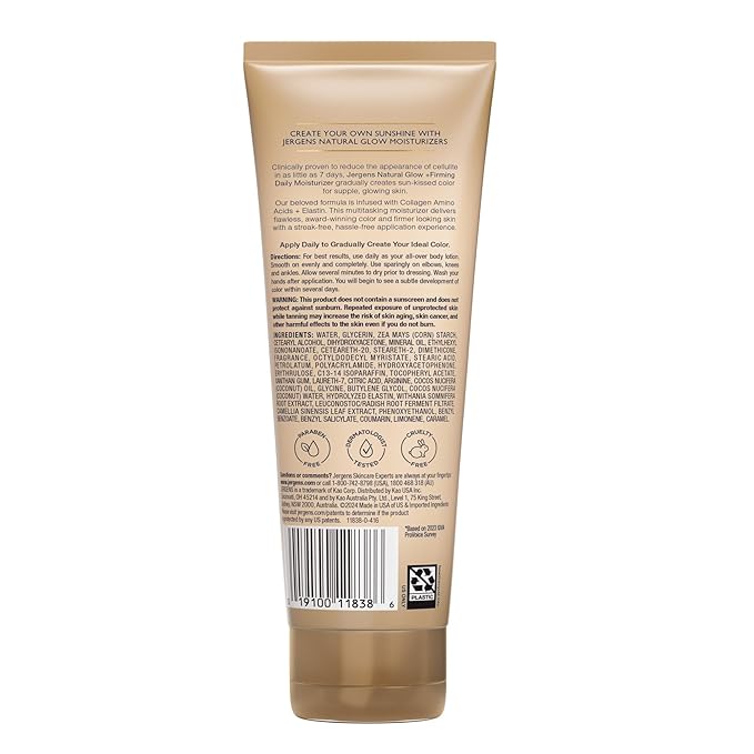 Jergens Natural Glow +Firming Self Tanner Body Lotion,Medium to Deep Skin Tone,Sunless Tanning Moisturizer with Collagen and Elastin,Helps to Visibly Reduce Cellulite,7.5 Oz,(Pack of 4)