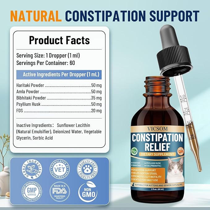 VICSOM Cat Constipation Relief for Cats, Natural Liquid Constipation Drops for Cats Soften Stool, Promotes Digestive Health, Cat Herbal Supplements, Chicken Flavor, 60 Ml/2 Fl Oz