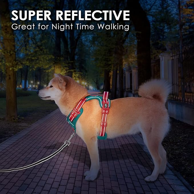 PHOEPET No Pull Dog Harness, Unique Colors Reflective Adjustable Dog Vest, with Soft Training Handle Metal Clips for Small Medium Large Dogs (Dark Green Base & Red Straps,M)