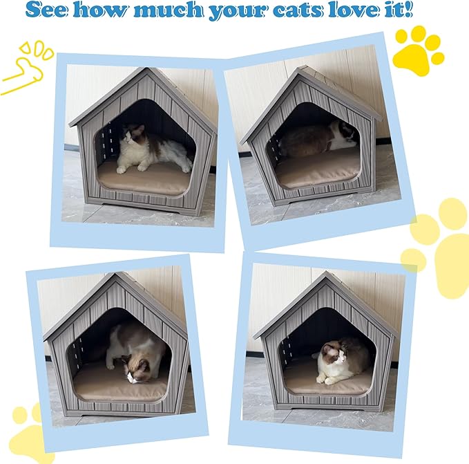 KAMABOKO Outdoor Cat House, Weatherproof Plastic Cat Shelter for Indoor & Outdoor, Durable All-Season Pet House for Feral, Stray & Domestic Cats (Gray)