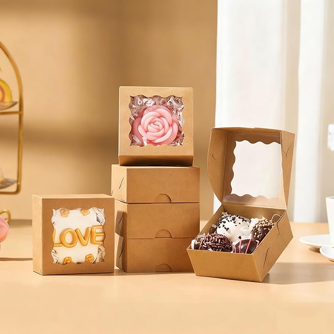 JCXGRVC 50 Count 3"x3"x1.5" Small Brown Paper Gift Boxes with Clear Window for Soap, Cookies & Chocolates Truffles & Showcase Your Homemade Treats