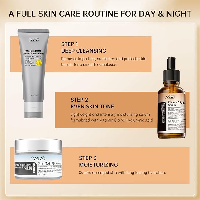 VGO Skin Care Set, with Snail Mucin 92% Moisturizer 1.76 Oz, Vitamin C Serum 1.01 Oz & Dual-Tube Facial Cleanser 3.52 Oz, Daily Routine Kit for Sensitive Skin, Vegan & Cruelty Free