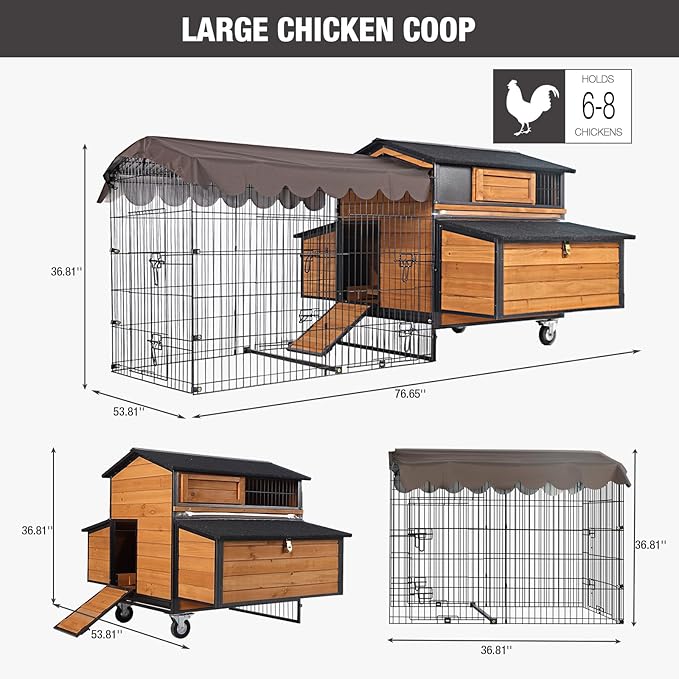 Large Chicken Coop with Run, Mobile Chicken House with Wheels and All-Around Iron Frame, Chickens Poultry Cage for 6-10 Chickens, Nesting Box, Metal Pull-Out Tray