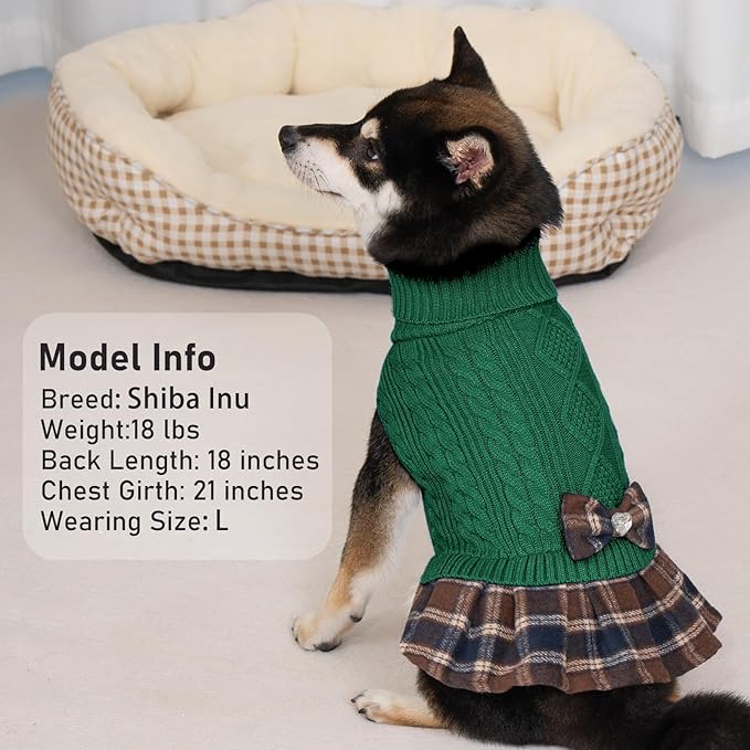 KYEESE Dog Sweater Thick Dog Sweaters for Small Dogs Male Stretchy Knitwear Pet Sweater Dress Warm Pullover Pet Coats Comfy Dogs Clothes with Bowtie Soft Turtleneck Cat Sweaters, Green, Medium