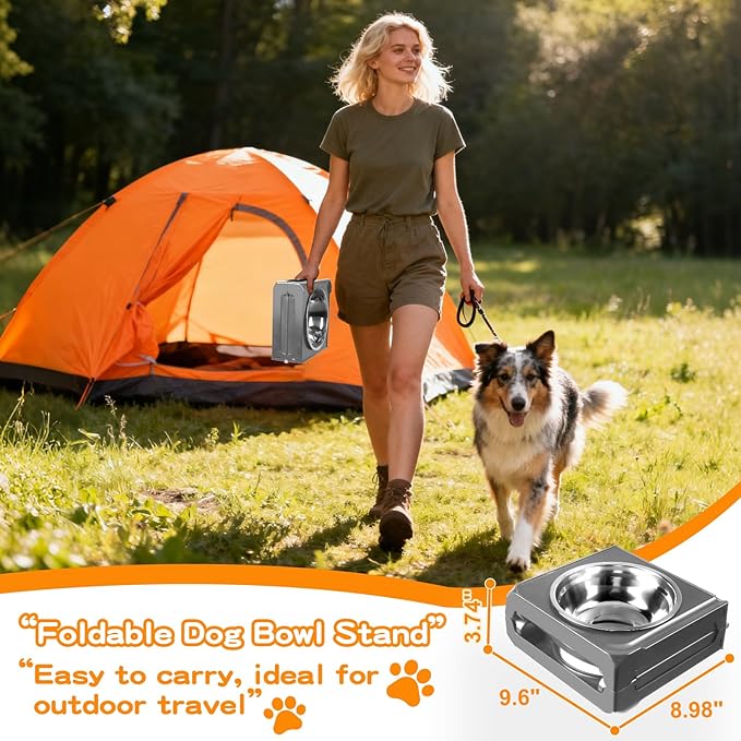 Elevated Dog Bowl Stand Foldable with Dual 7.8" Stainless Steel Bowls, 5 Adjustable Heights (3.9"-13.4"), Anti-Slip Portable Travel Pet Feeder, Fits 5.5"-27" Shoulder Height Dogs, Grey