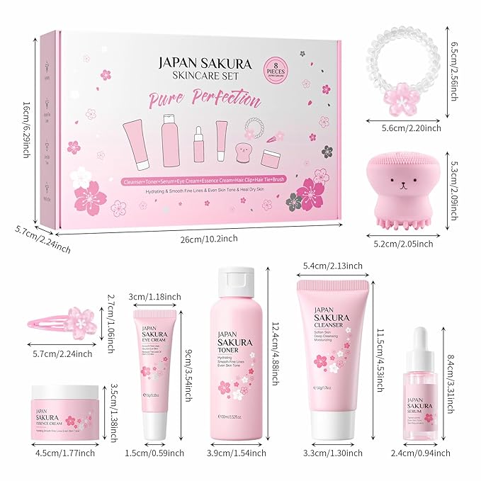 Skin Care Set for Teens Girls,Cherry Blossoms Skincare for Girls 10-12,Hydrating Face Skin Care Kit with Cleanser,Toner,Serum,Eye Cream,Face Cream,Galentines Gifts,Bulk Gift,Valentines Day Gifts