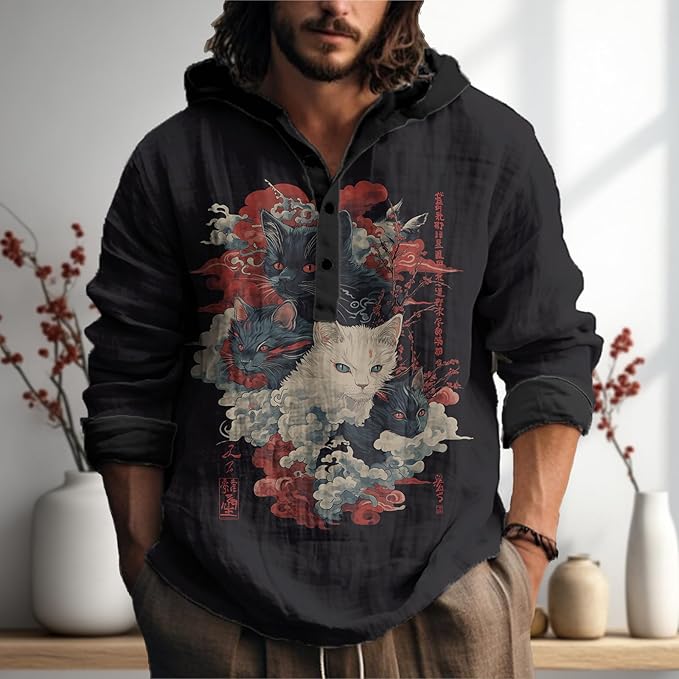 MARSVOVO Japanese Art Animal Hooded Shirt for Men Long Sleeve Quarter Button Lightweight Hoodie Cool Streetwear Tops