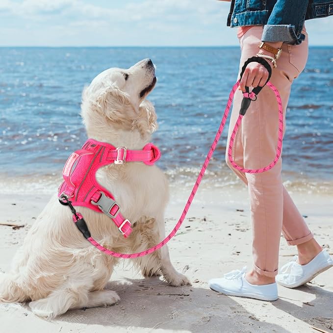 BARKBAY No Pull Dog Harness 3 Buckles Large Reflective Dog Harness with Front Clip and Easy Control Handle for Walking Training Running with ID tag Pocket(Pink,S)