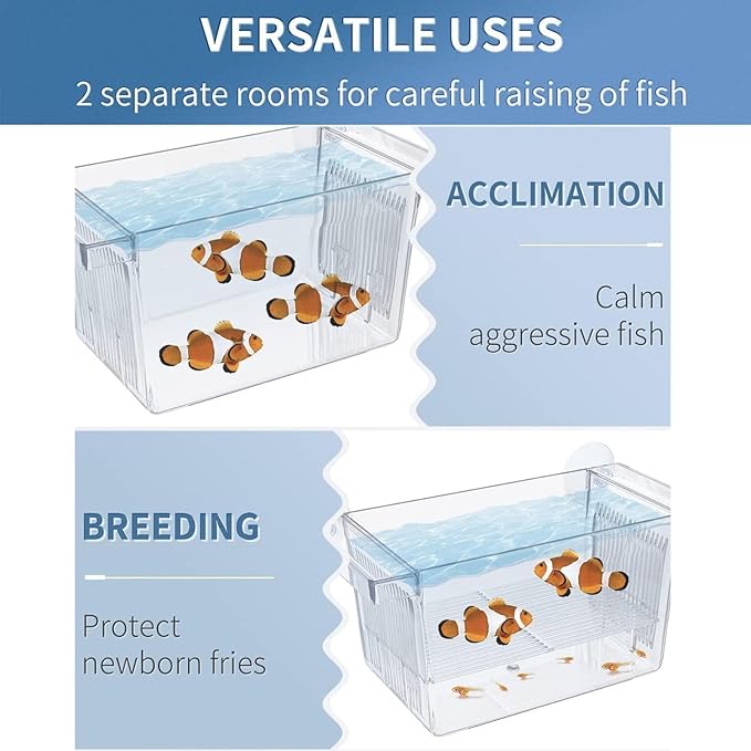 1/2 Fish Acclimation Box - Acrylic Hatchery Incubator Tank, Fish Breeder Box with 2 Suction Cups | Easily Install Breeding Isolation Box, Floating Breeding Box for Baby Fishes Shrimp Betta Guppy