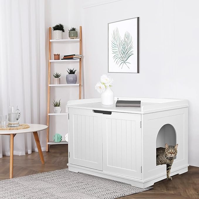 Cat Litter Box Enclosure Furniture Wooden w/Adjustable Divider, Indoor Cat House Storage Cabinet,End Table,for Large Cats, White