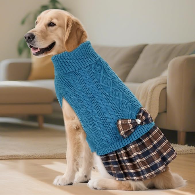 KYEESE Dog Sweater Pullover Dog Sweaters for Large Dogs Soft Turtleneck Pet Sweater Dress with Bowtie Warm Comfy Pet Coats Stretchy Knitwear Pets Sweaters Thick Dogs Clothes, Blue, XXX-Large