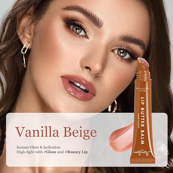 Deep Hydrating Lip Butter Balm - Hydrating Lip Treatment with Glossy Finish, Shea Butter, Vitamin E, Peptides & Hyaluronic Acid - Vegan, Non-Sticky, Lip Care - 2 Pack (Vanilla Beige-Unscented)