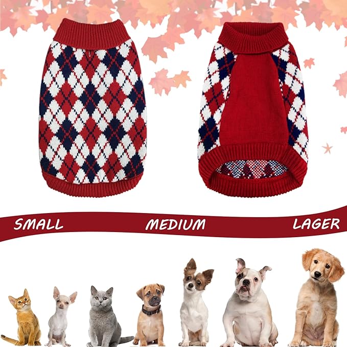 Dog Sweater Knitted Pet Clothes Classic Winter Outfit with Plaid Red Argyle Patterns Warm Dog Turtleneckr Sweatshir for Small Medium Puppies Dogs Cats Large