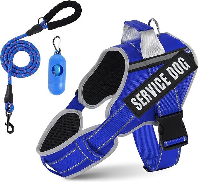 Neck Padded Service Dog Vest Harness and Leash Set, No Pull Adjustable Service Pet Harness with 8 Dog Patches, Reflective in Training Easy Control Pet Vest with 5ft Dog Leash for Medium & Large Dogs