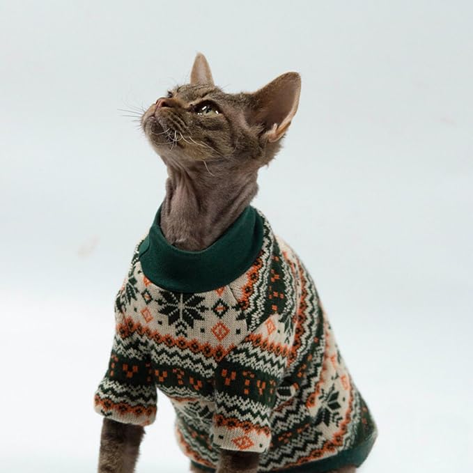 Cat Festive Sweater Pullover, Classic Soft Warm Christmas Clothes for Hairless Sphynx, Devon & All Indoor Kittens (Geometric,XL)