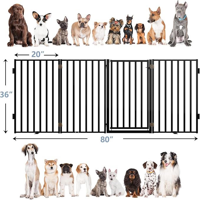 Dog Gate Free Standing with Door for Stairs, 36" Tall Dog Fence Freestanding Indoor Outdoor Use for Doorways, Metal Black 4 Panels