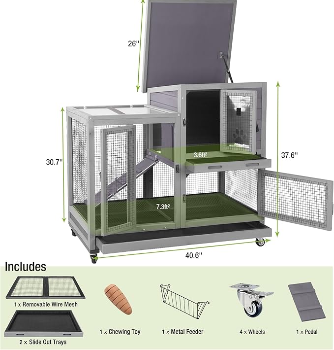 GUTINNEEN Rabbit Hutch Indoor Rabbit Cage with Wire Mesh Floor and Wheels Outdoor Bunny House 2 Story Guinea Pig Cage with Leakproof Asphalt Roof (Higher Version)