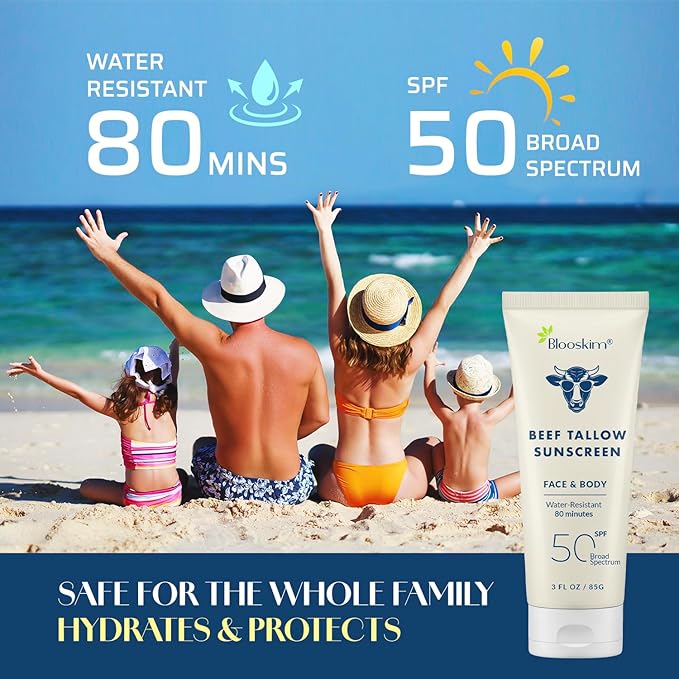 Beef Tallow Sunscreen SPF 50: Natural Tallow & Zinc Oxide Sunblock Cream for Face & Body - Sun Protection with Non Greasy Formula for Women and Men - Water-Resistant 3 oz (85 g)