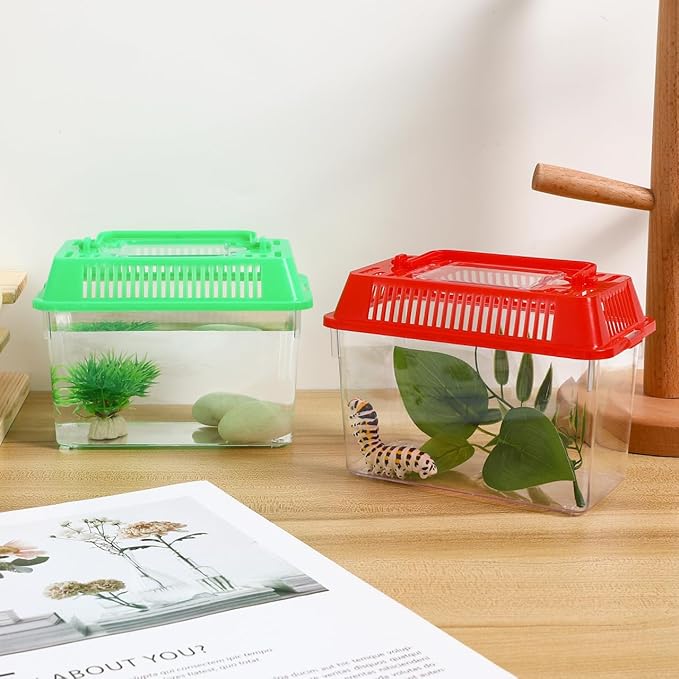 POPETPOP 4 Pcs Mini Fish Tank, Portable Transparent Critter Keeper with Handle, Small Terrarium for Fish Turtles Hermit Crabs Insects, Small Animals Travel Carrier Box (5.9×4.3×3.7 Inch)