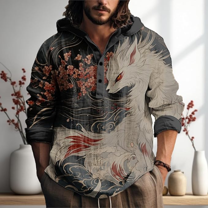 MARSVOVO Japanese Art Animal Hooded Shirt for Men Long Sleeve Quarter Button Lightweight Hoodie Cool Streetwear Tops
