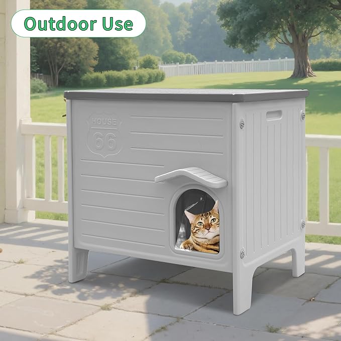 Rockever Insulated Outdoor Cat House, Waterproof Cat House for Outdoor Cats with Escape Door, Plastic Feral Cat House Outdoor Indoor, Spacious and Clean Easily (Grey,M)