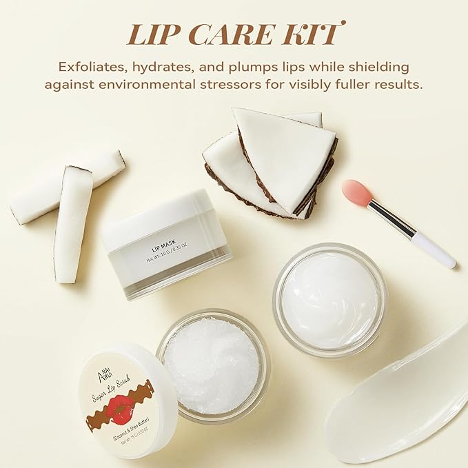 ANAI RUI Coconut Lip Scrub & Lip Mask Set with Shea Butter, Lip Scrubber Exfoliator Enriched with Vitamin E, Sugar Scrub for Dry Lips, Hydrating Lip Mask, Gifts For Women