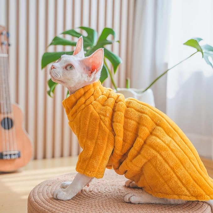 Turtleneck Sweater for Sphynx Cat Soft Coral Fleece Cat Clothes Thick Winter Warm Outfit Coat for Hairless Cats and Small Dogs Apparel with Sleeves (Orange, S (3-5 lbs))