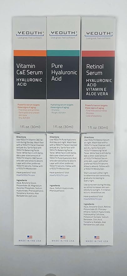YEOUTH Skin Care Set: Retinol Serum for Face, Vitamin C and Hyaluronic Acid Face Serum, Facial Skincare Serums that Targets Appearance of Uneven Skin and Dryness 3x1 oz