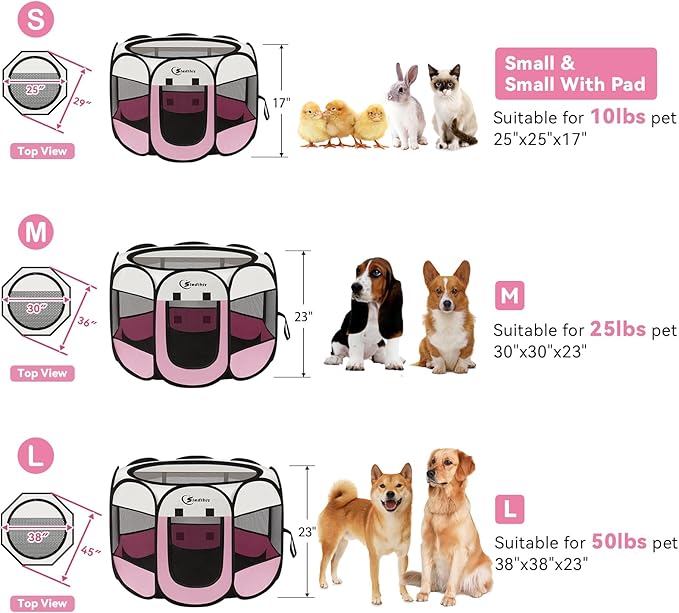 Pink Puppy Playpen for Large Dog Cat, Dog Tent Crates Cage Indoor/Outdoor, Portable Pop Up Dog Kennel with Carrying Bag for Rabbits, (Pink, Large)