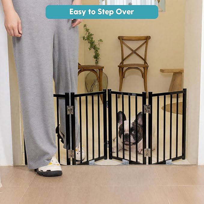 No Pawblems Free Standing Short Dog Gate, 16.5'' Tall Foldable Dog Fence for Indoor & Outdoor, Up to 36 Inch Extra Wide Puppy Gate for Stairs, Hallways, Doorways, Deck, Yard (Black, 3 Panels)