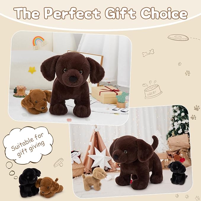 4Pcs Lab Stuffed Animals - 16" Huggable Chocolate Mama Labrador Dog with 3 Hidden Puppies (Black/Yellow/Dark Brown) - Plush Toys Gifts for Kids