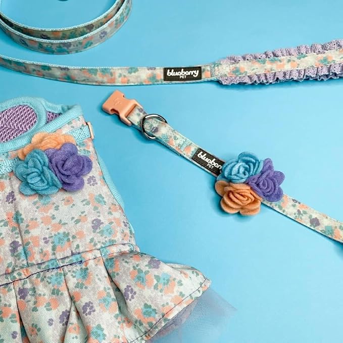 Blueberry Pet Dog Collar, Adjustable Floral Print Puppy Collar in Lavender with Removable Flower, Small 12"-16" Neck, Cute Girl Dog Accessories, Pink Dog Collars for Small Dogs, Safe Fit