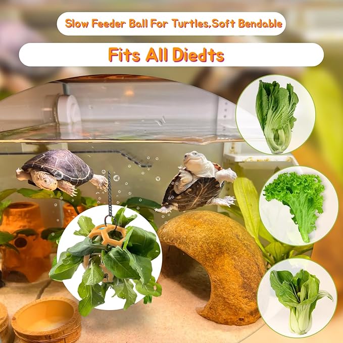 2 Pcs Tortoise Treat Ball, Hanging Hay Feeder for Small Animals, Turtle Foraging Toy with Fruit with Chain, Enrichment Feeding Ball for Pet Tortoise