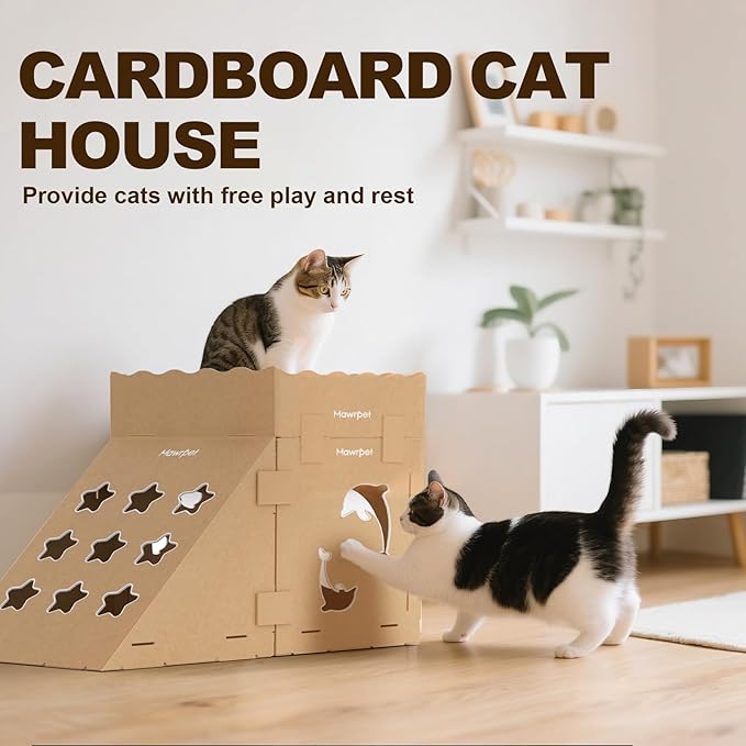 DIY Cat Scratcher Cardboard House, Scratching Cat Play House, a Versatile Box, Indoor Kitty Scratcher Hideout for One or More Cats Brown, Cat Tower Castle Tunnel 10 Parts