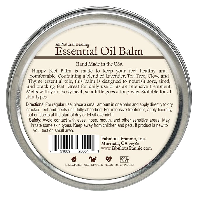 Fabulous Frannie Happy Feet All Natural Essential Oil Healing Balm made with Sunflower Oil, Coconut Oil, Shea Butter, Beeswax, Soy Wax, Aloe Vera and Pure Essential OIls 3.5oz Tin