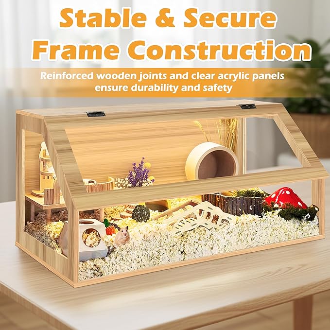 PROLEE Hamster Cage Chewproof, Sloped Mice and Rat Habitat with Clear View, Solid Built with Lockable Design and Openable Top (Oak)